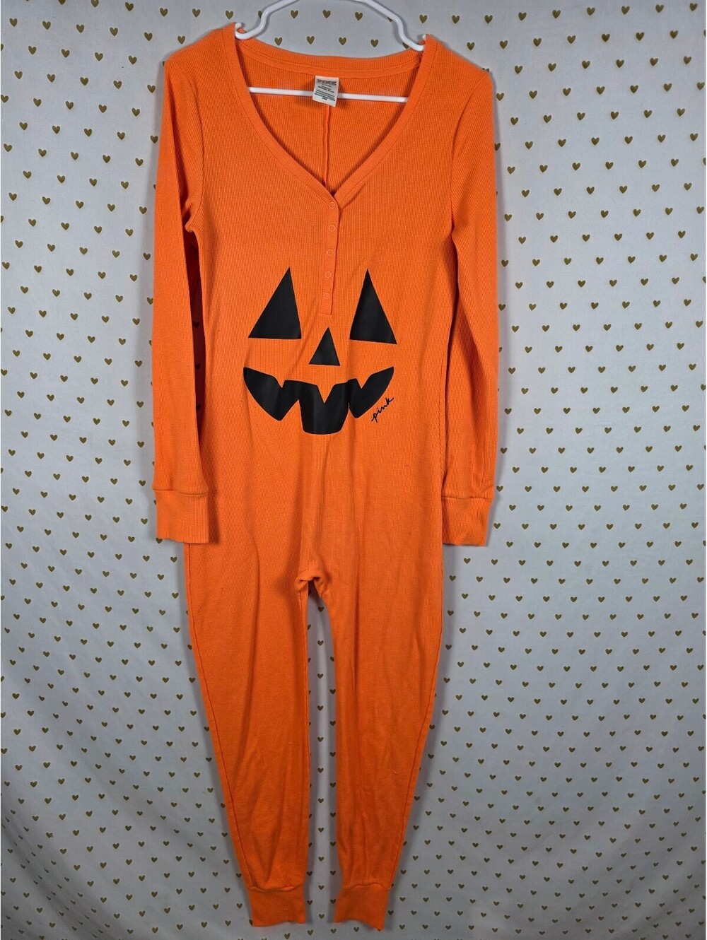 Victoria's Secret PINK Orange Jack O Lantern Thermal Onesie M Halloween Costume